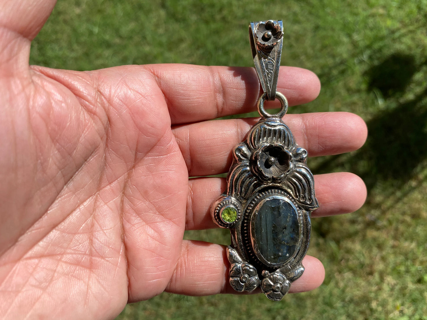 Large Labradorite Tibetan Silver Pendant, Peridot Gemstone, Handcrafted Monkey or Flower Design, Himalayan Ethnic Jewelry, Healing Crystal