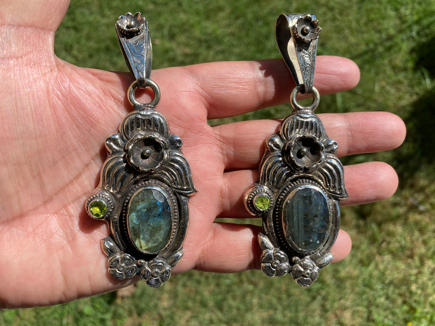 Large Labradorite Tibetan Silver Pendant, Peridot Gemstone, Handcrafted Monkey or Flower Design, Himalayan Ethnic Jewelry, Healing Crystal
