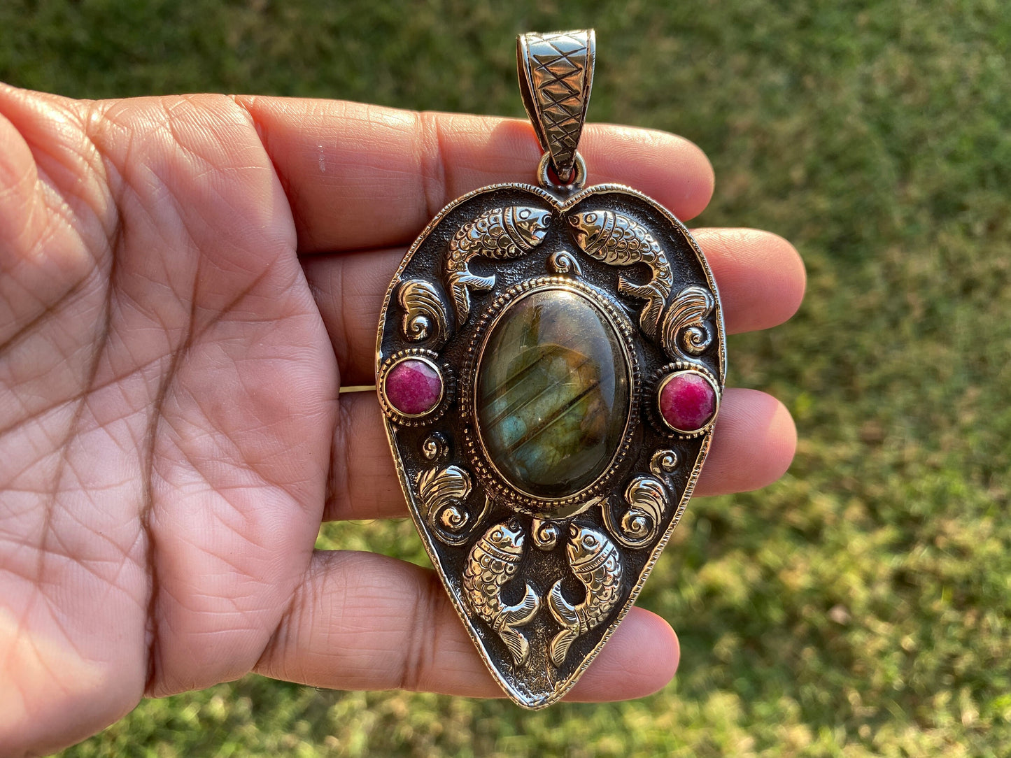 Large Labradorite with Ruby Gemstone, Tibetan Silver Pendant, Healing Crystal Jewelry from Nepal, Women's Ethnic Jewelry, Birthstone Pendant
