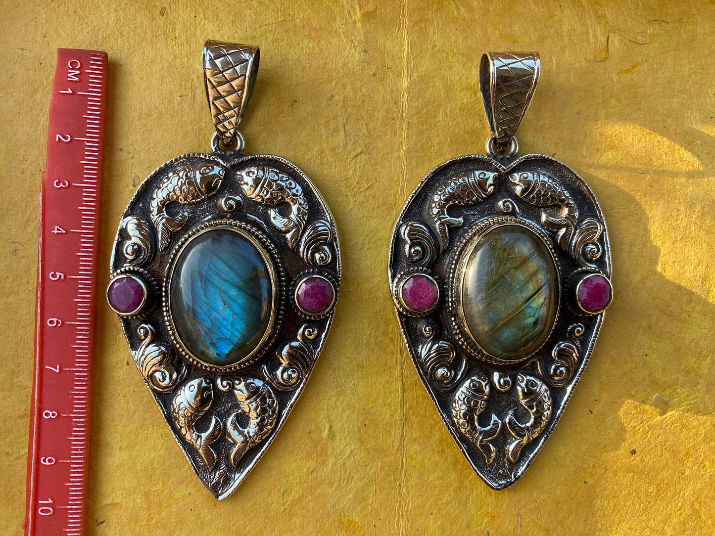 Large Labradorite with Ruby Gemstone, Tibetan Silver Pendant, Healing Crystal Jewelry from Nepal, Women's Ethnic Jewelry, Birthstone Pendant