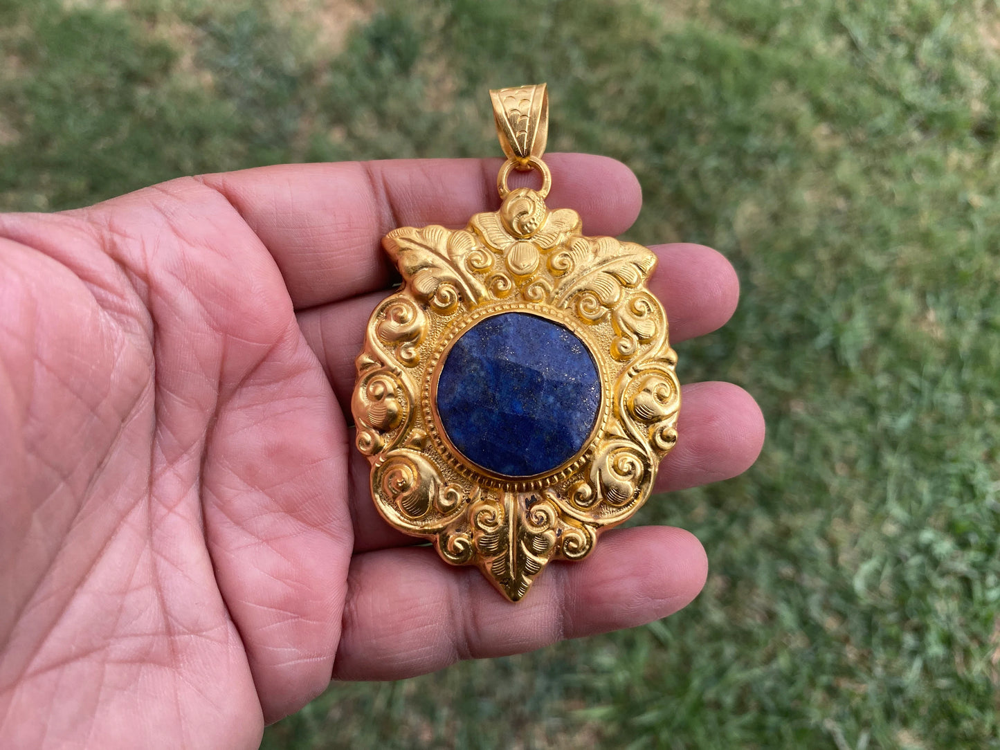 Large Lapis Lazuli Natural Stone Pendant, Non Tarnish Gold Overlay, Luxury Accessory, Handcrafted Jewelry, Statement Piece, Elegant Jewelry