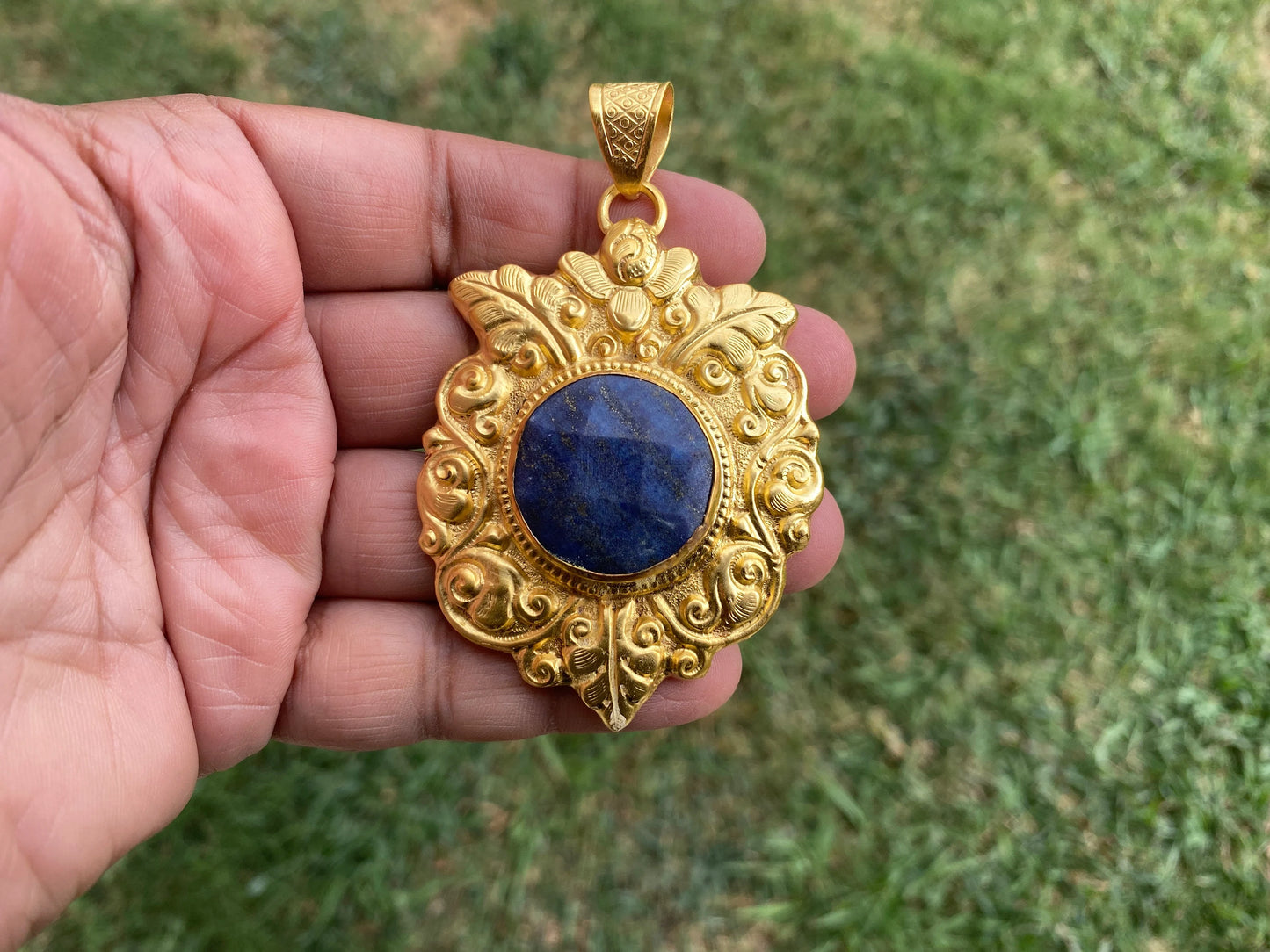 Large Lapis Lazuli Natural Stone Pendant, Non Tarnish Gold Overlay, Luxury Accessory, Handcrafted Jewelry, Statement Piece, Elegant Jewelry