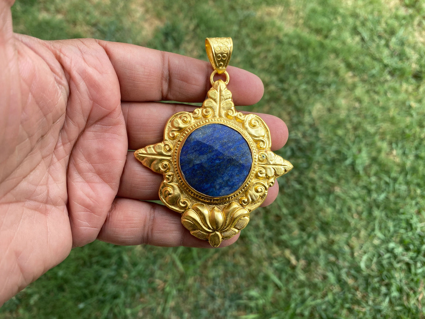 Large Lapis Lazuli Natural Stone Pendant, Non Tarnish Gold Overlay, Luxury Accessory, Handcrafted Jewelry, Statement Piece, Elegant Jewelry
