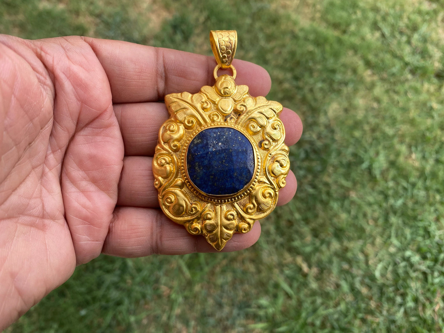 Large Lapis Lazuli Natural Stone Pendant, Non Tarnish Gold Overlay, Luxury Accessory, Handcrafted Jewelry, Statement Piece, Elegant Jewelry