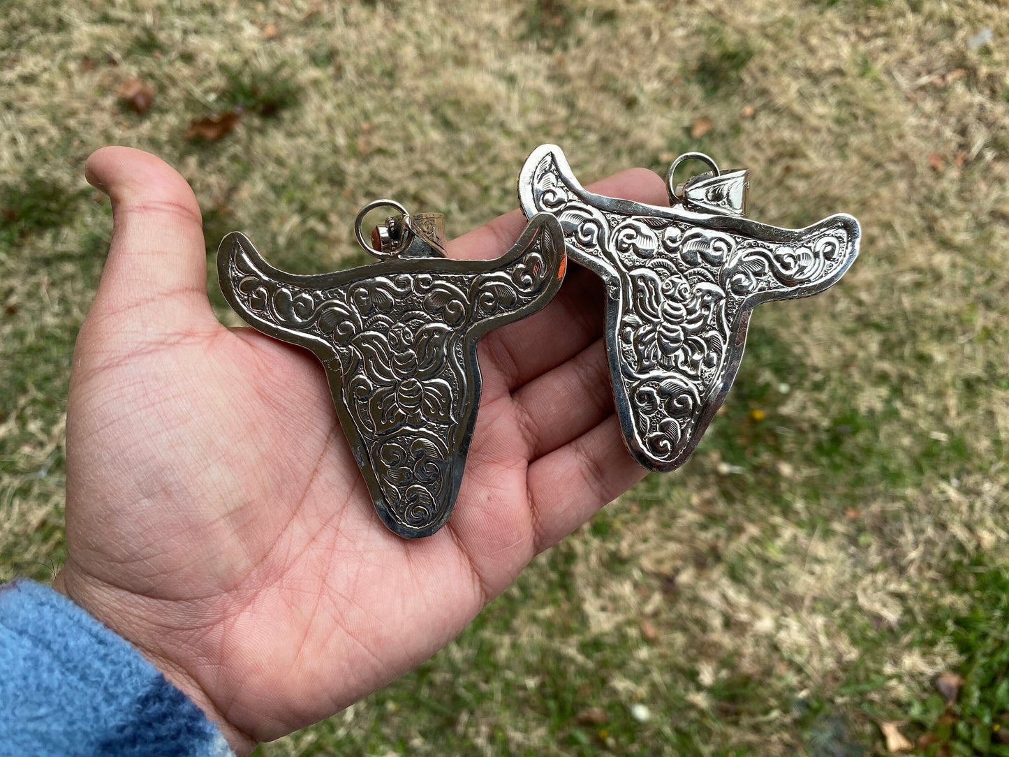 Large Longhorn with Bear Carved Bone with Coral or Turquoise Tibetan Silver Pendant, Bull Head Pendant, Bull Steer Skull, Jewelry for Men