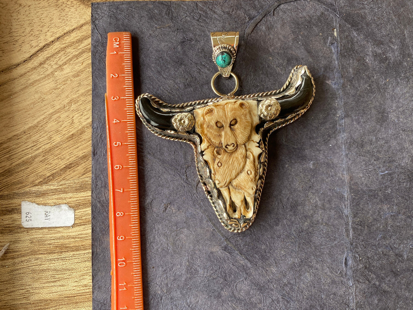 Large Longhorn with Bear Carved Bone with Coral or Turquoise Tibetan Silver Pendant, Bull Head Pendant, Bull Steer Skull, Jewelry for Men
