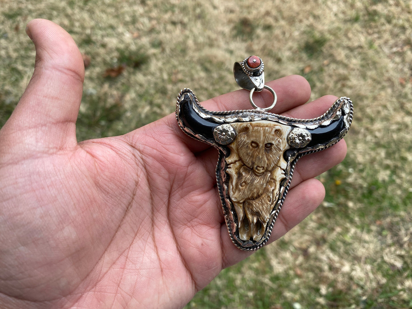 Large Longhorn with Bear Carved Bone with Coral or Turquoise Tibetan Silver Pendant, Bull Head Pendant, Bull Steer Skull, Jewelry for Men