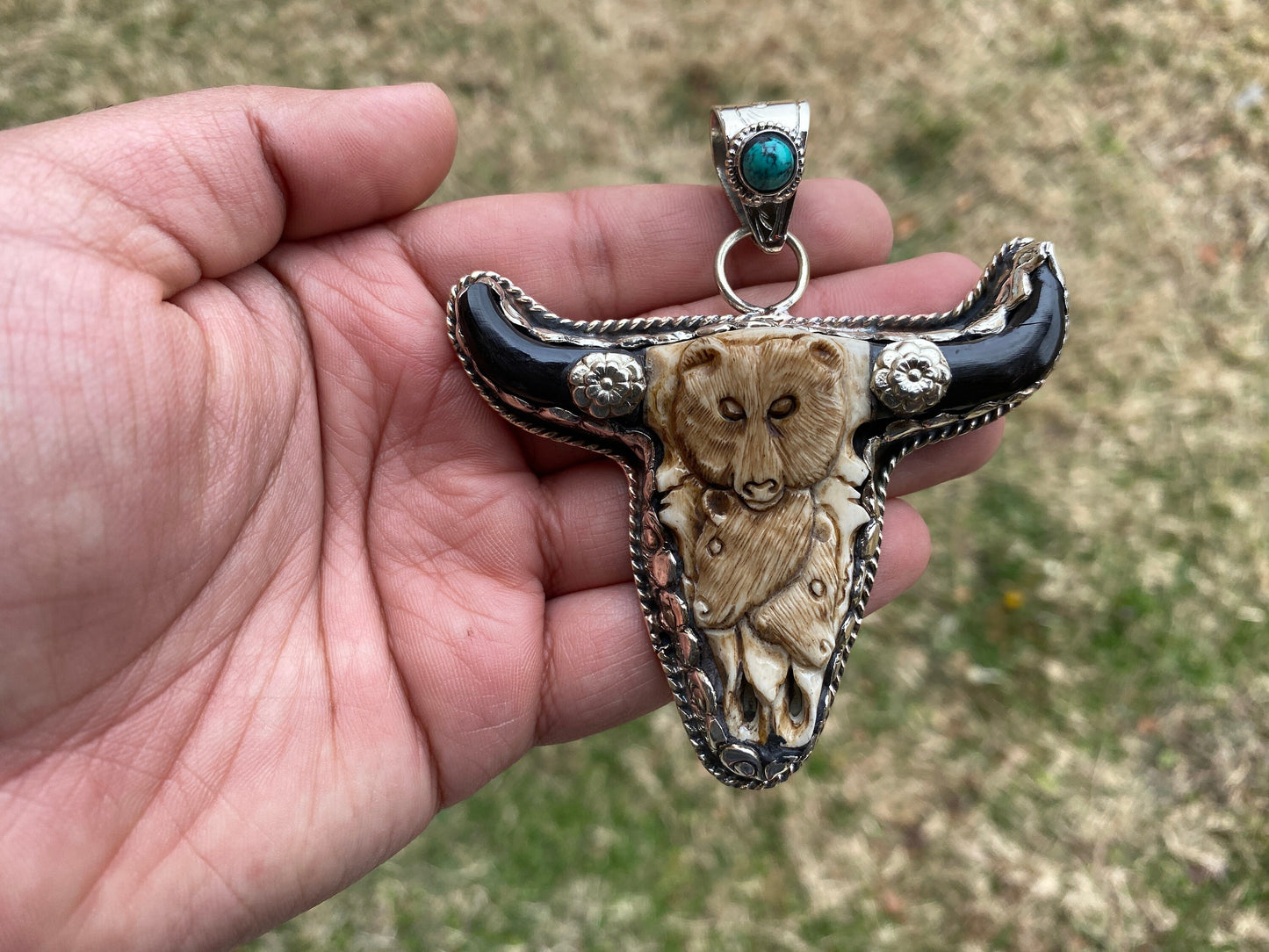 Large Longhorn with Bear Carved Bone with Coral or Turquoise Tibetan Silver Pendant, Bull Head Pendant, Bull Steer Skull, Jewelry for Men