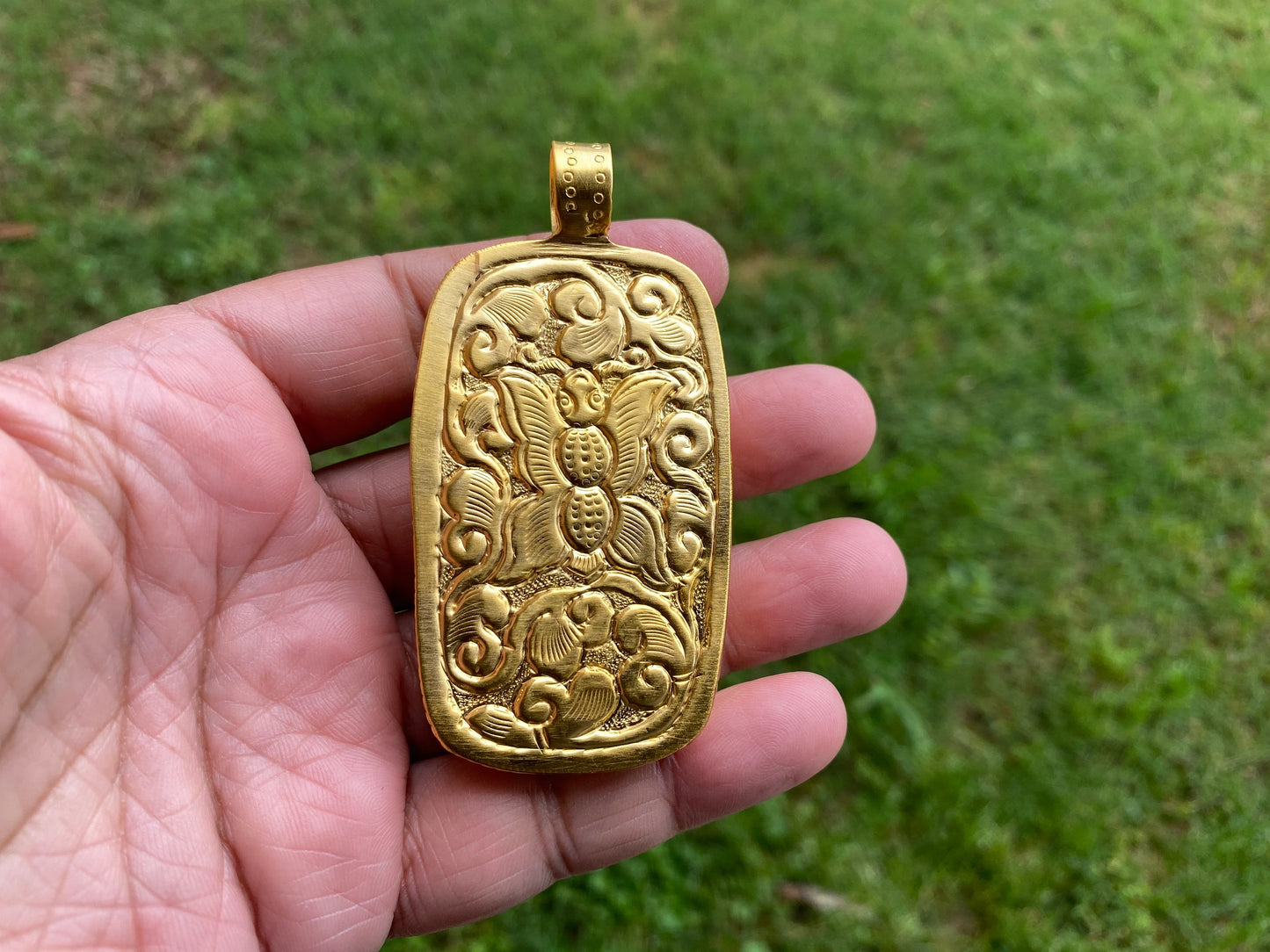 Large Lord Ganesh 18K Brushed Gold Overlay Non Tarnish Tibetan Pendant, Buffalo Bone, Yoga Pendant, Spiritual Pendant, for Men or Women