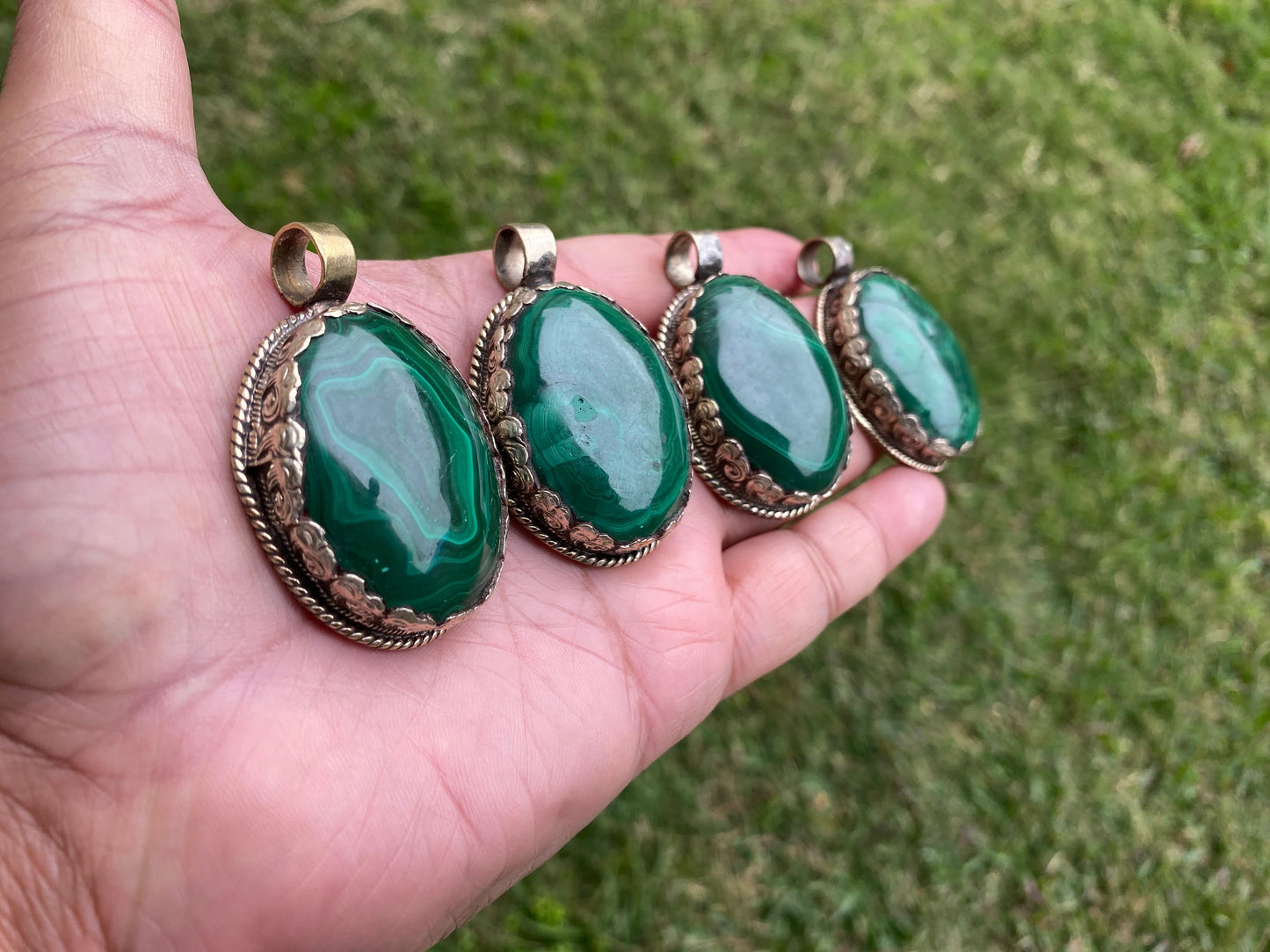Large Malachite Natural Stone Tibetan Silver Pendant, Ethnic Jewelry, Energy Stone Pendant, Healing Crystal, Nature Inspired Jewelry, Boho