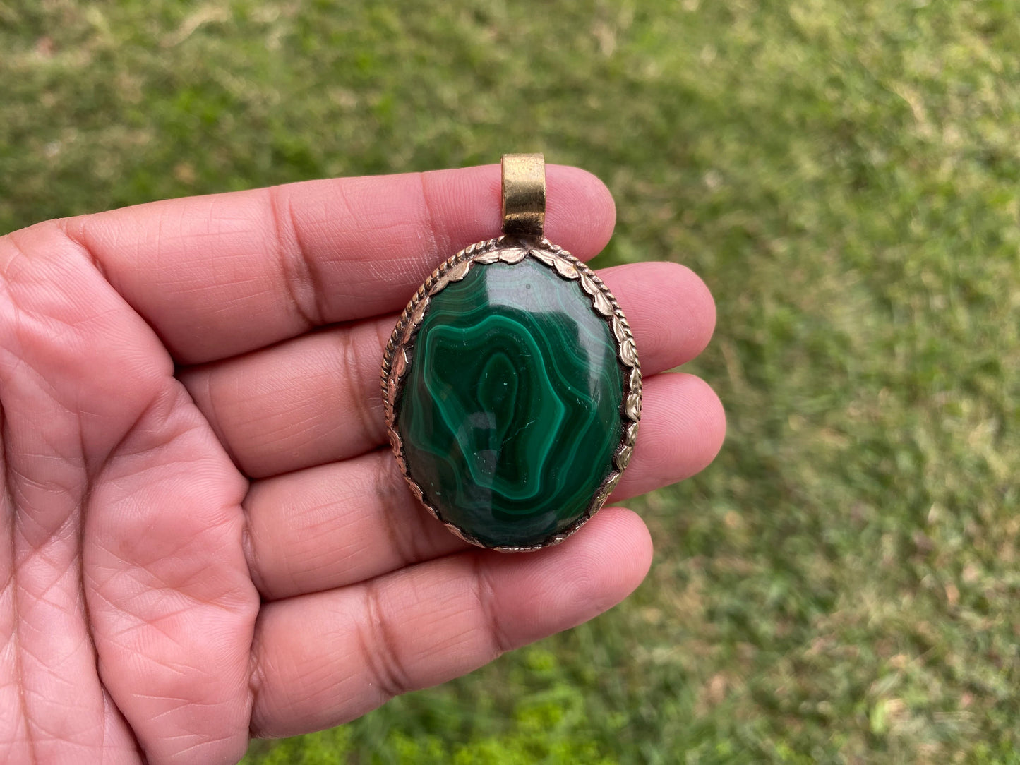 Large Malachite Natural Stone Tibetan Silver Pendant, Ethnic Jewelry, Energy Stone Pendant, Healing Crystal, Nature Inspired Jewelry, Boho