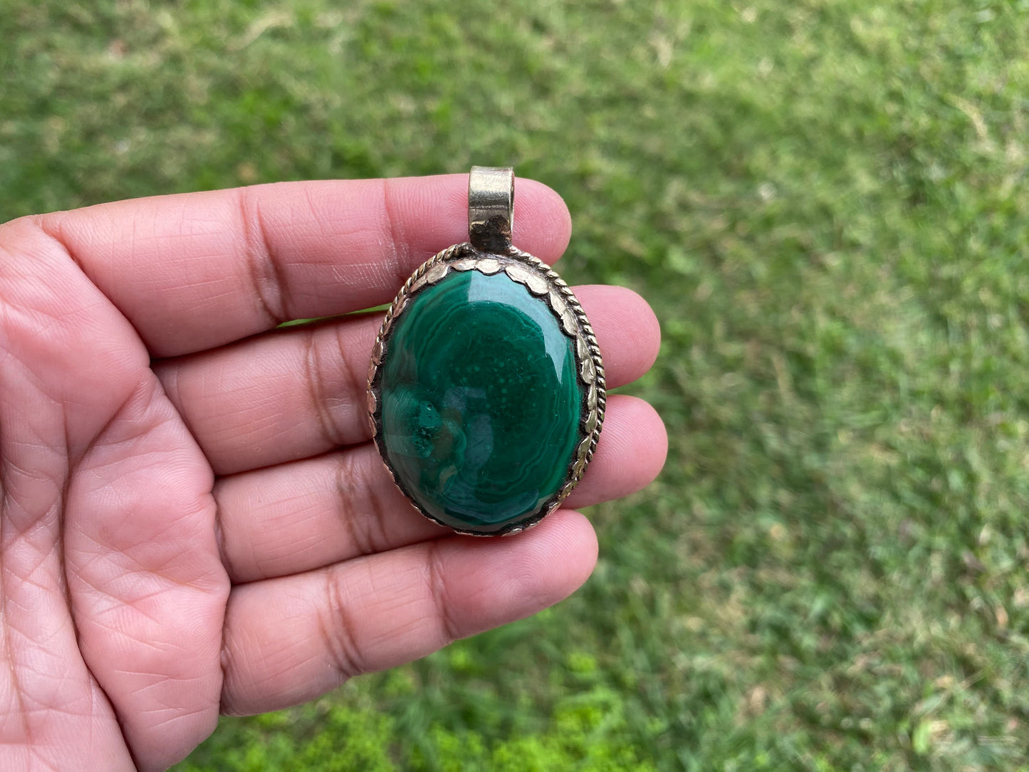 Large Malachite Natural Stone Tibetan Silver Pendant, Ethnic Jewelry, Energy Stone Pendant, Healing Crystal, Nature Inspired Jewelry, Boho