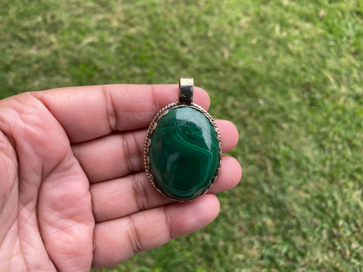 Large Malachite Natural Stone Tibetan Silver Pendant, Ethnic Jewelry, Energy Stone Pendant, Healing Crystal, Nature Inspired Jewelry, Boho