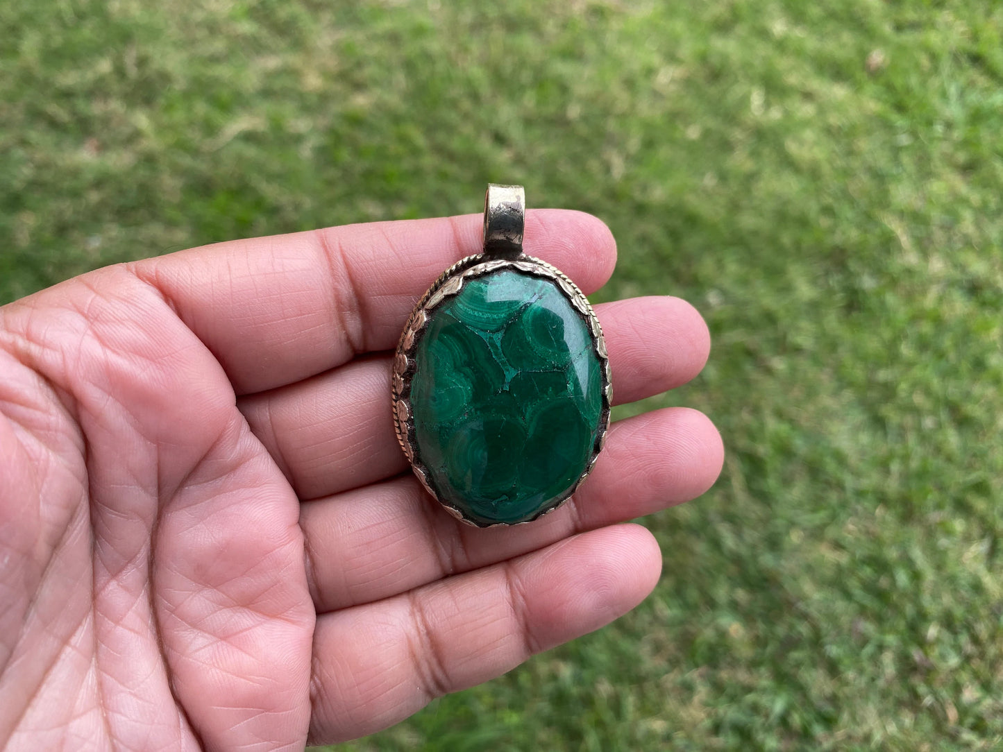 Large Malachite Natural Stone Tibetan Silver Pendant, Ethnic Jewelry, Energy Stone Pendant, Healing Crystal, Nature Inspired Jewelry, Boho