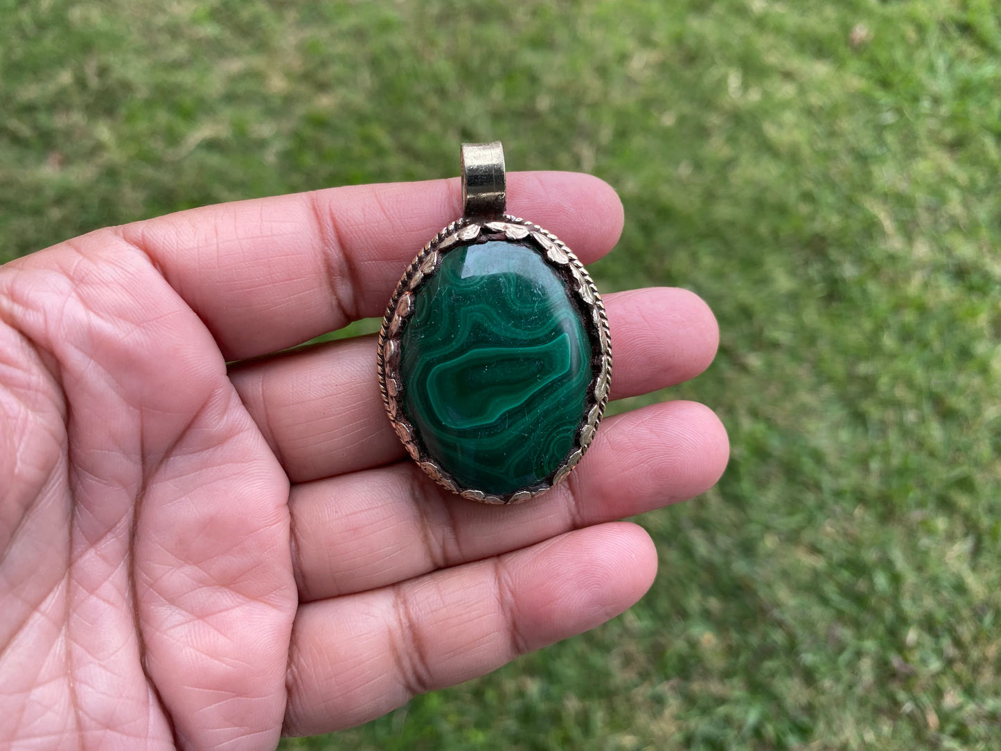 Large Malachite Natural Stone Tibetan Silver Pendant, Ethnic Jewelry, Energy Stone Pendant, Healing Crystal, Nature Inspired Jewelry, Boho