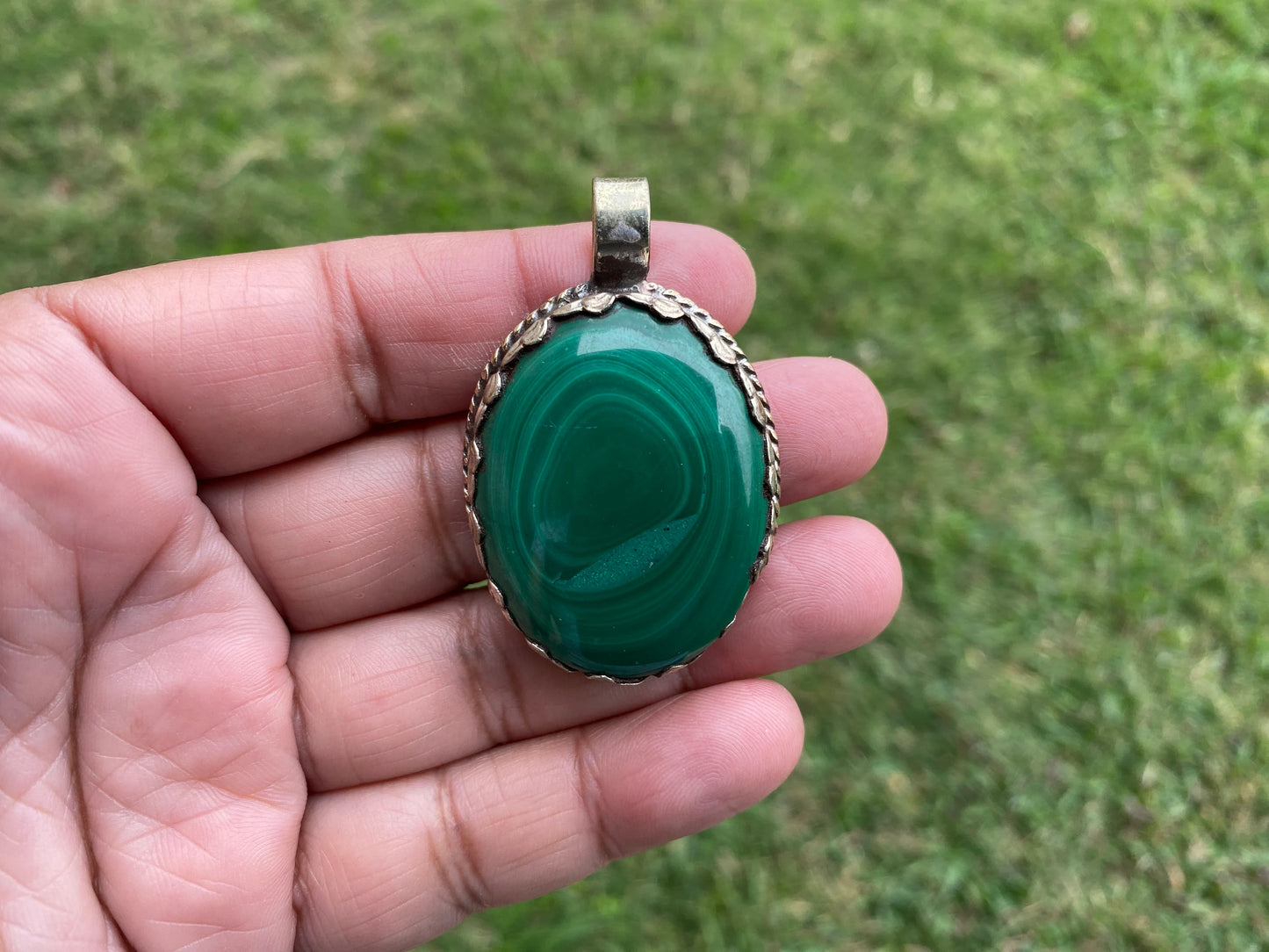 Large Malachite Natural Stone Tibetan Silver Pendant, Ethnic Jewelry, Energy Stone Pendant, Healing Crystal, Nature Inspired Jewelry, Boho