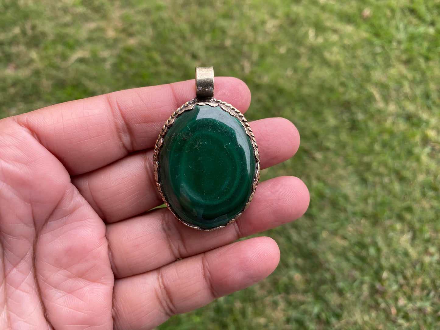 Large Malachite Natural Stone Tibetan Silver Pendant, Ethnic Jewelry, Energy Stone Pendant, Healing Crystal, Nature Inspired Jewelry, Boho