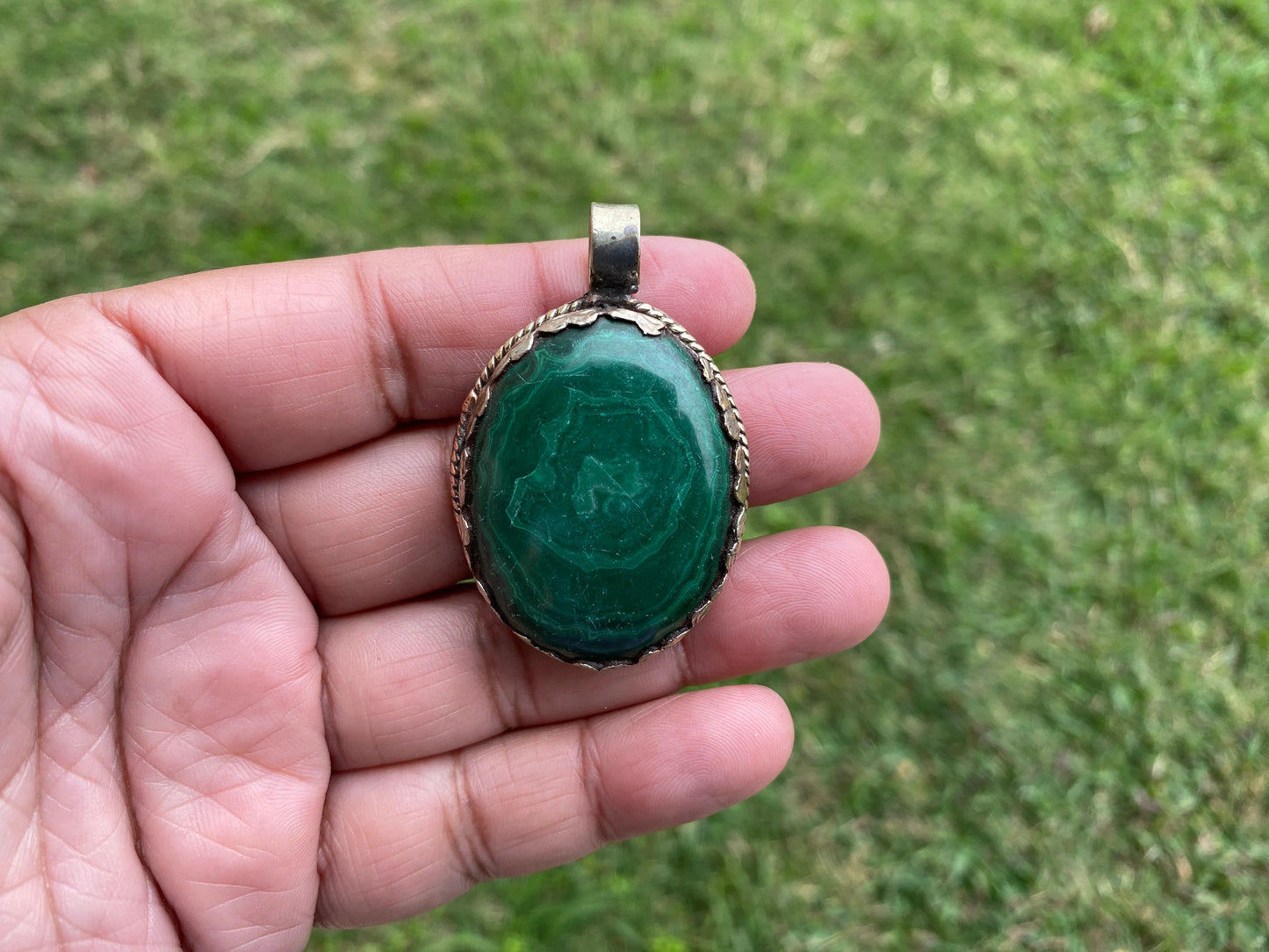 Large Malachite Natural Stone Tibetan Silver Pendant, Ethnic Jewelry, Energy Stone Pendant, Healing Crystal, Nature Inspired Jewelry, Boho