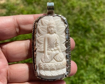 Large Meditating Buddha Tibetan Silver Pendant, Buffalo Bone Healing Yoga Jewelry, Tranquility Pendant, Unisex Pendant, Spiritual