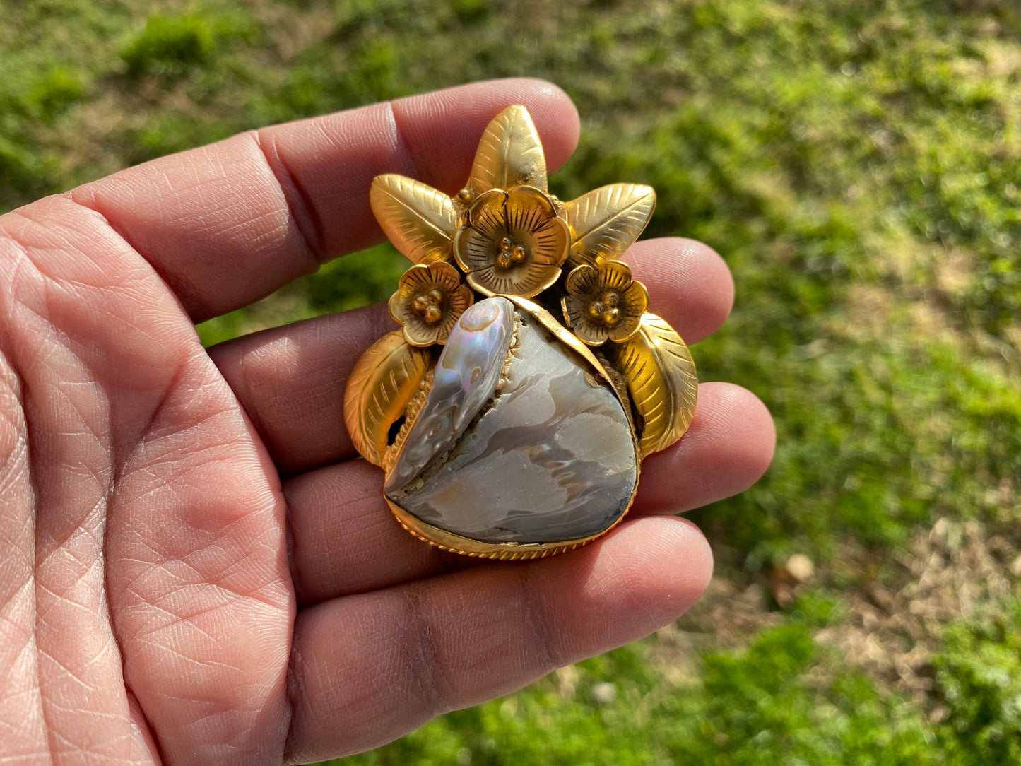 Large Natural Abalone Shell 18K Brushed Gold Overlay Pendant for Necklace, Non Tarnish Jewelry, Abalone Shell Jewelry, Sea Shell Jewelry