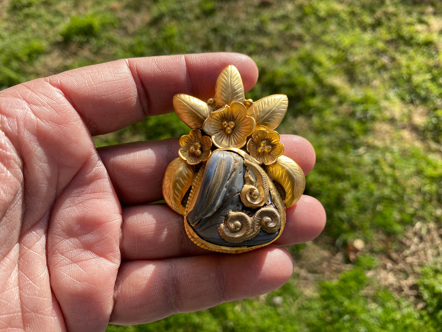 Large Natural Abalone Shell 18K Brushed Gold Overlay Pendant for Necklace, Non Tarnish Jewelry, Abalone Shell Jewelry, Sea Shell Jewelry