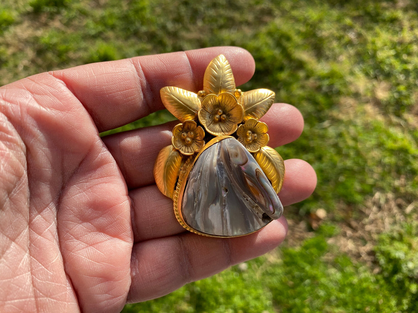 Large Natural Abalone Shell 18K Brushed Gold Overlay Pendant for Necklace, Non Tarnish Jewelry, Abalone Shell Jewelry, Sea Shell Jewelry