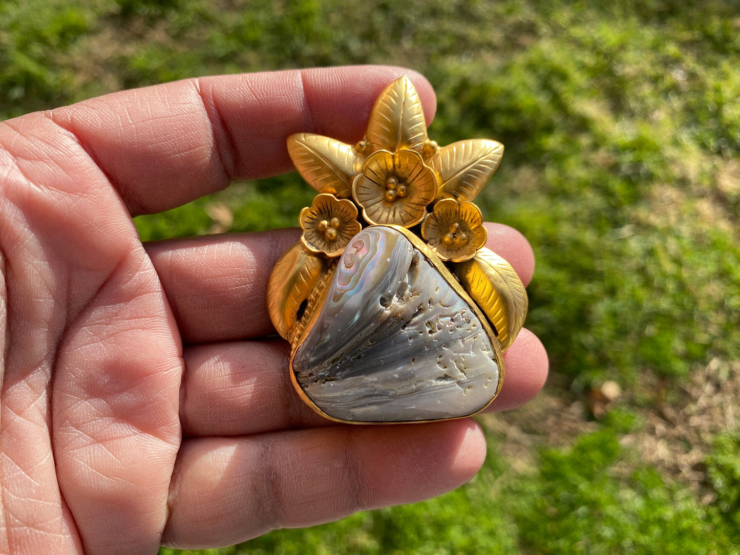 Large Natural Abalone Shell 18K Brushed Gold Overlay Pendant for Necklace, Non Tarnish Jewelry, Abalone Shell Jewelry, Sea Shell Jewelry