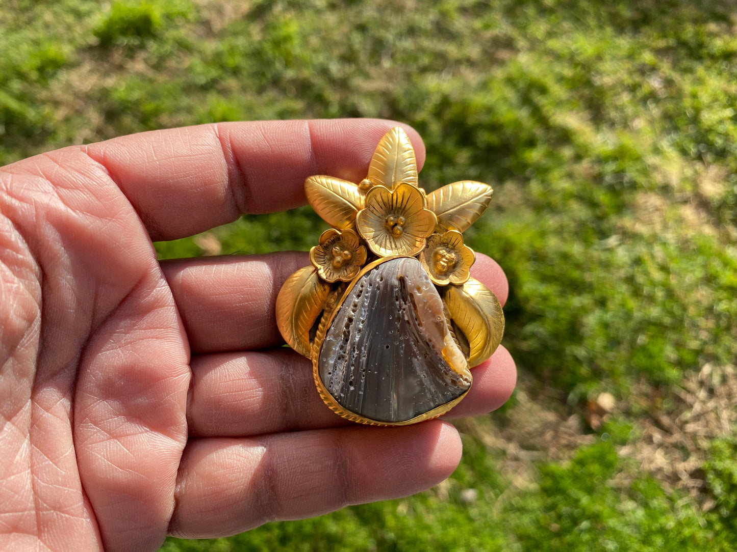 Large Natural Abalone Shell 18K Brushed Gold Overlay Pendant for Necklace, Non Tarnish Jewelry, Abalone Shell Jewelry, Sea Shell Jewelry