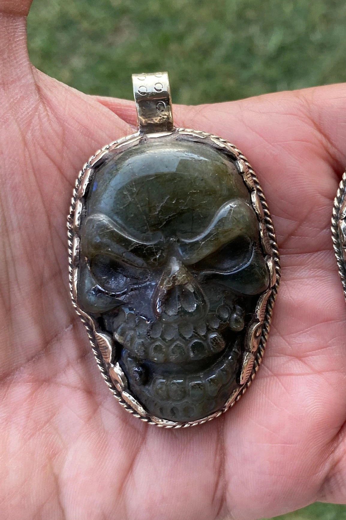 Large Natural Carved Labradorite Skull Tibetan Silver Pendant, Sugar Skull, Jewelry for Men or Women, Healing Crystal, Gemstone Pendant