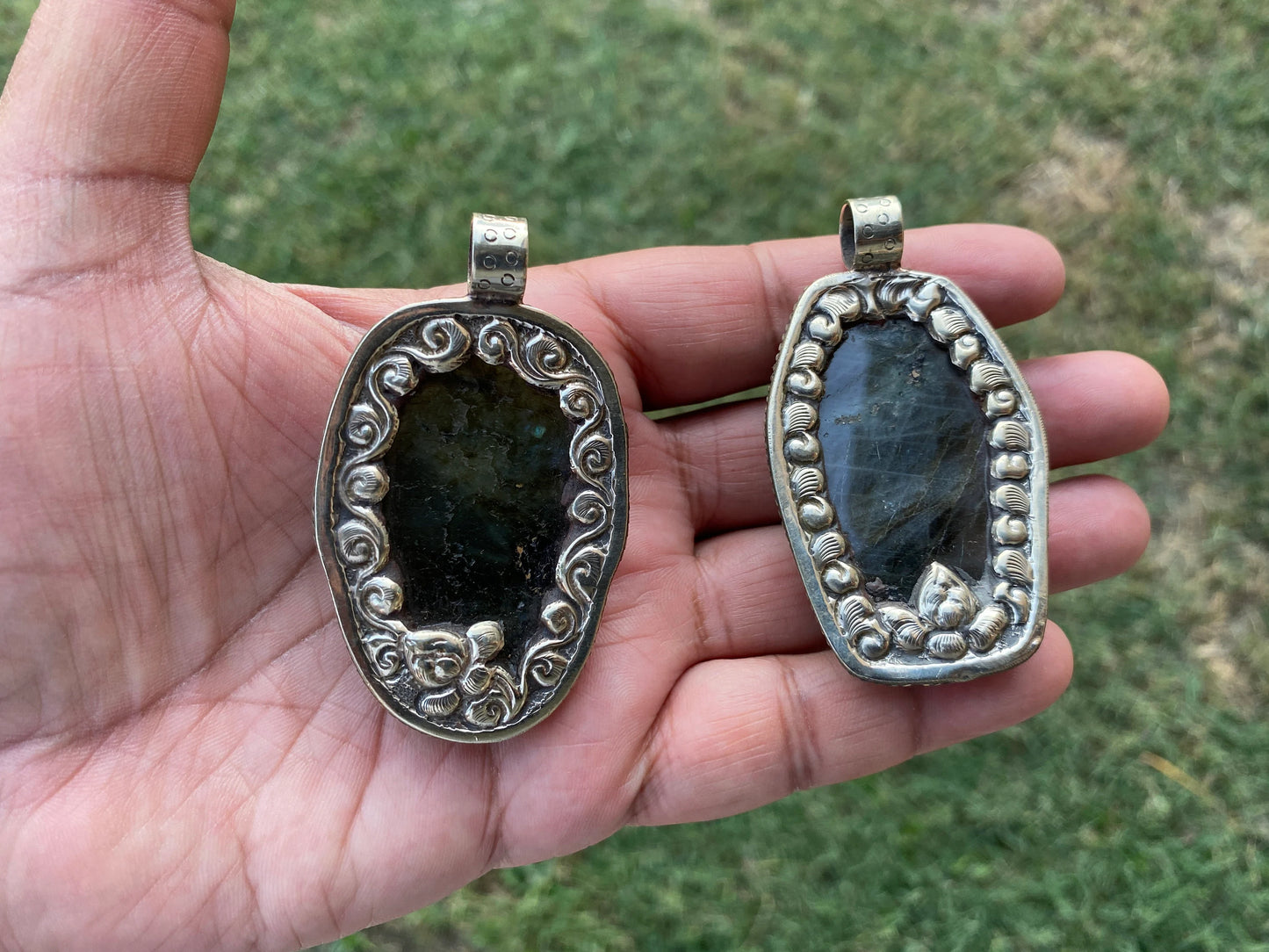 Large Natural Carved Labradorite Skull Tibetan Silver Pendant, Sugar Skull, Jewelry for Men or Women, Healing Crystal, Gemstone Pendant