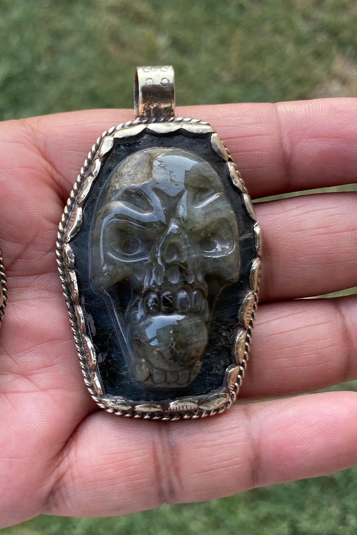 Large Natural Carved Labradorite Skull Tibetan Silver Pendant, Sugar Skull, Jewelry for Men or Women, Healing Crystal, Gemstone Pendant