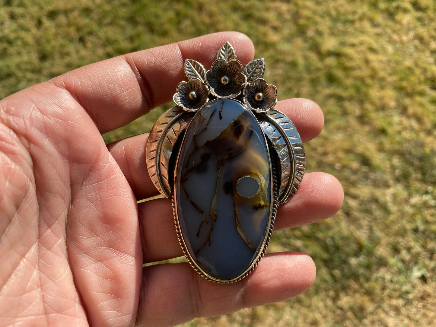 Large Natural Dendrite Agate Stone Tibetan Silver Pendant, Healing Stone, Christmas Gift, Birthday Pendant, Women Jewelry, Statement Pendant
