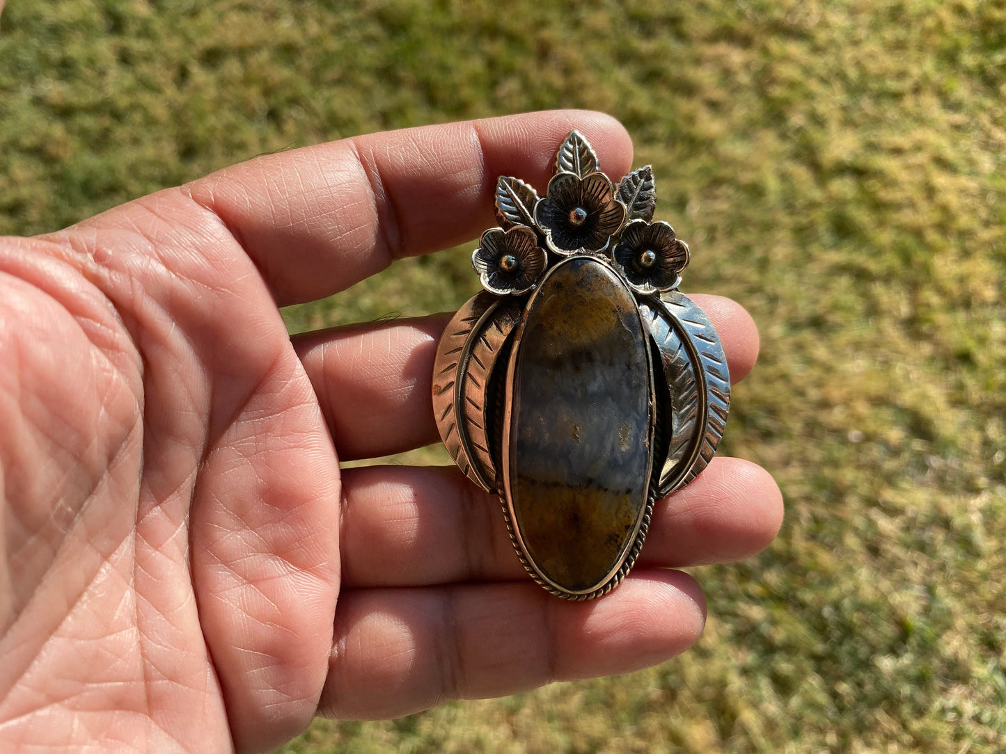 Large Natural Dendrite Agate Stone Tibetan Silver Pendant, Healing Stone, Christmas Gift, Birthday Pendant, Women Jewelry, Statement Pendant