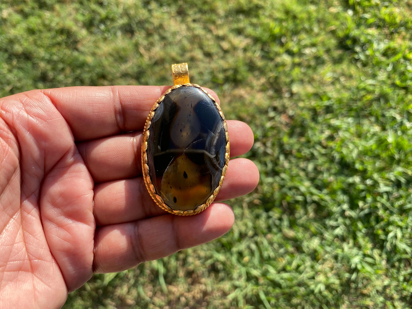 Large Natural Dendritic Opal Agate, High Quality 18K Brushed Gold Overlay, Non Tarnish Pendant, Gemstone, Tibetan Pendant, Women's Jewelry