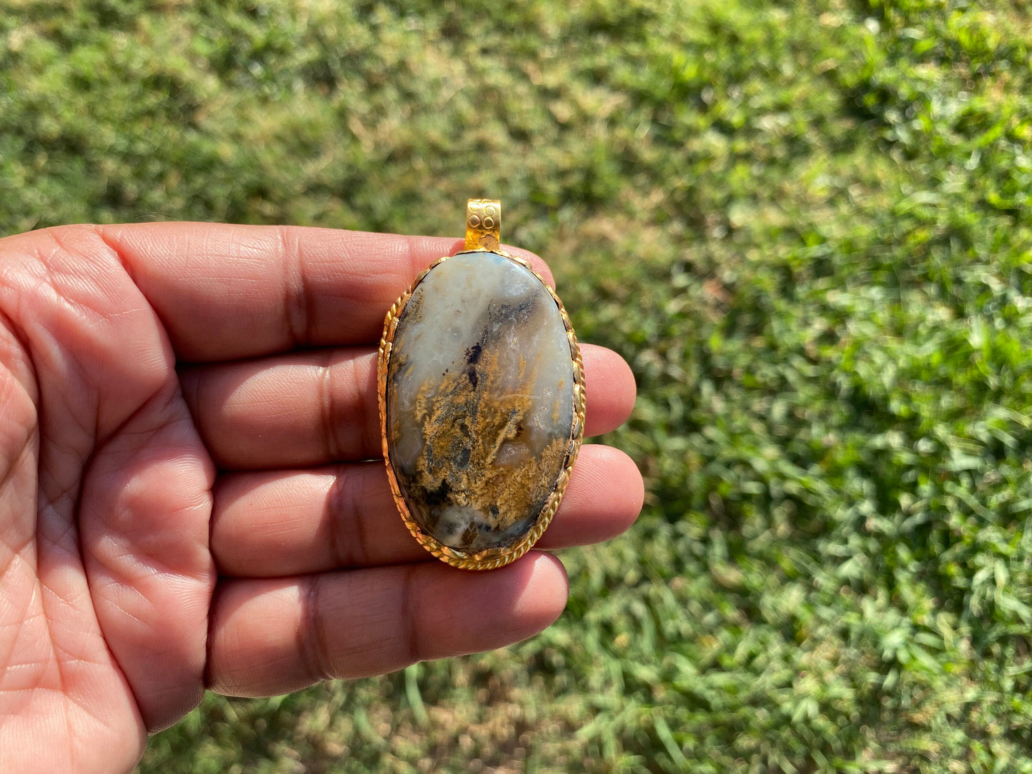 Large Natural Dendritic Opal Agate, High Quality 18K Brushed Gold Overlay, Non Tarnish Pendant, Gemstone, Tibetan Pendant, Women's Jewelry