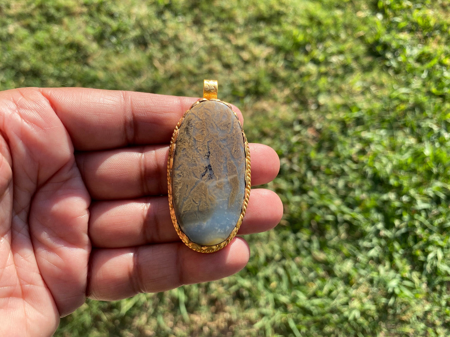 Large Natural Dendritic Opal Agate, High Quality 18K Brushed Gold Overlay, Non Tarnish Pendant, Gemstone, Tibetan Pendant, Women's Jewelry