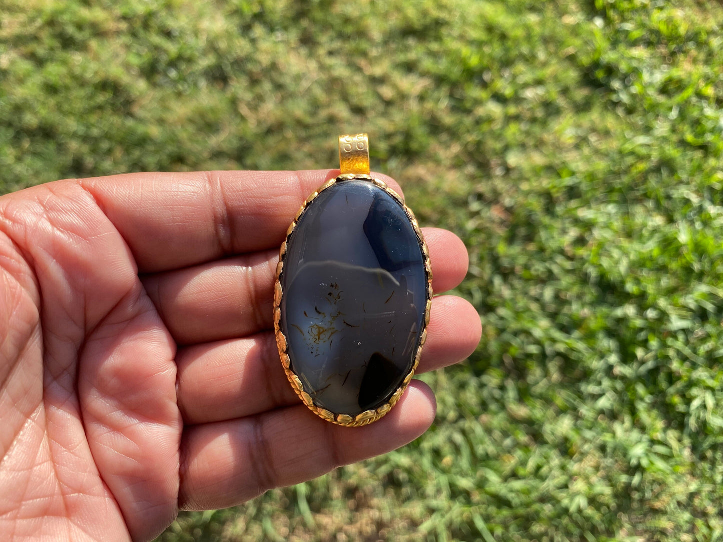 Large Natural Dendritic Opal Agate, High Quality 18K Brushed Gold Overlay, Non Tarnish Pendant, Gemstone, Tibetan Pendant, Women's Jewelry