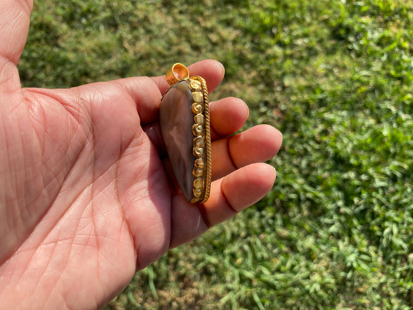 Large Natural Dendritic Opal Agate, High Quality 18K Brushed Gold Overlay, Non Tarnish Pendant, Gemstone, Tibetan Pendant, Women's Jewelry