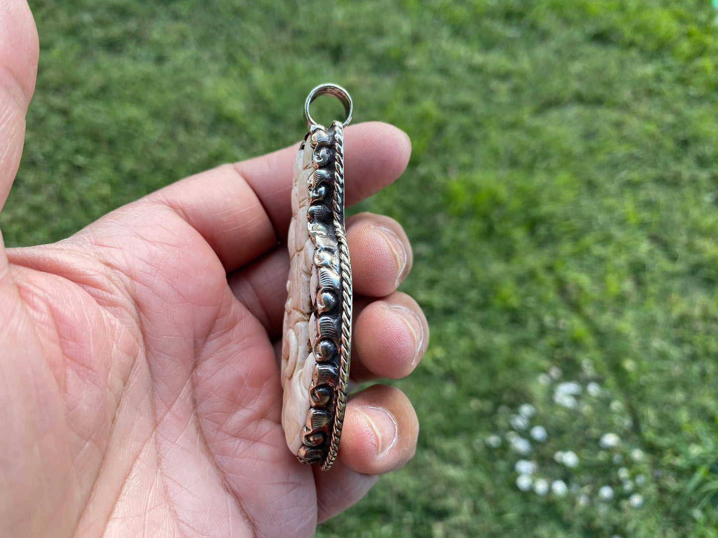 Large Om Symbol Buddha Hand Tibetan Silver, Hand Carved Bone, Hamsa Pendants, Hand of Fatima Pendant, Protection Jewelry, Hand Bone Pendants