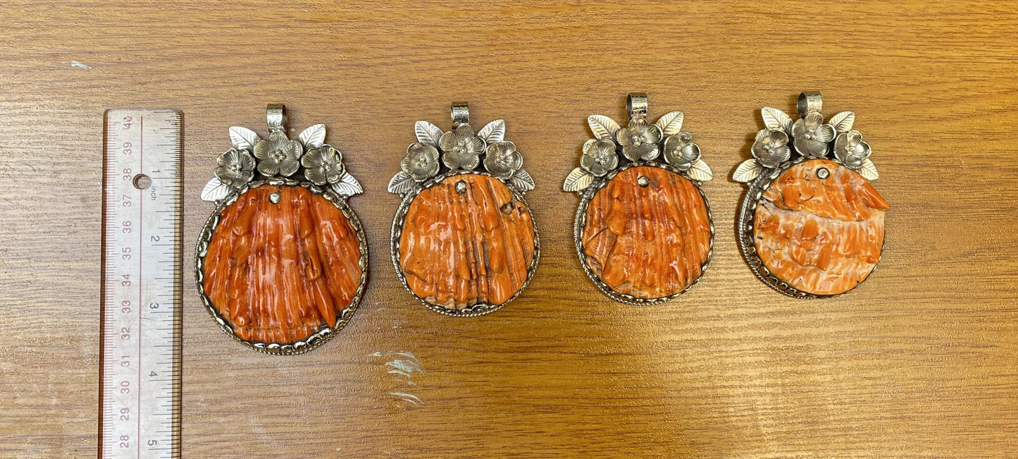 Large Orange Spiny Oyster Shell Tibetan Silver Pendant, boho-inspired Jewelry,Pendant for Necklace, Unique Bohemian Jewelry For men or Women