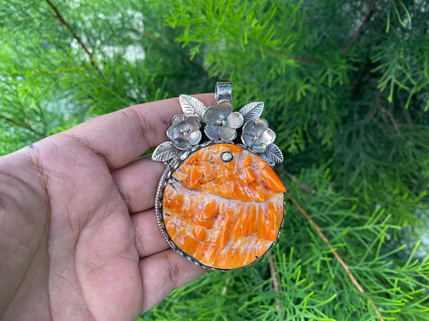 Large Orange Spiny Oyster Shell Tibetan Silver Pendant, boho-inspired Jewelry,Pendant for Necklace, Unique Bohemian Jewelry For men or Women