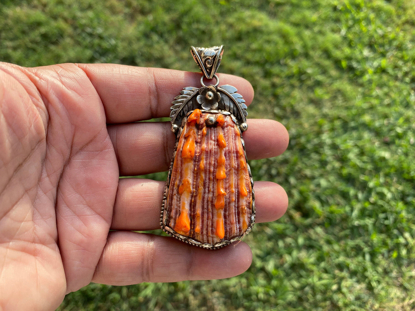 Large Orange Spiny Oyster Shell Tibetan Silver Pendant, Native American Style Jewelry, Southwestern Jewelry, for Men or Women, Spiky Thorny