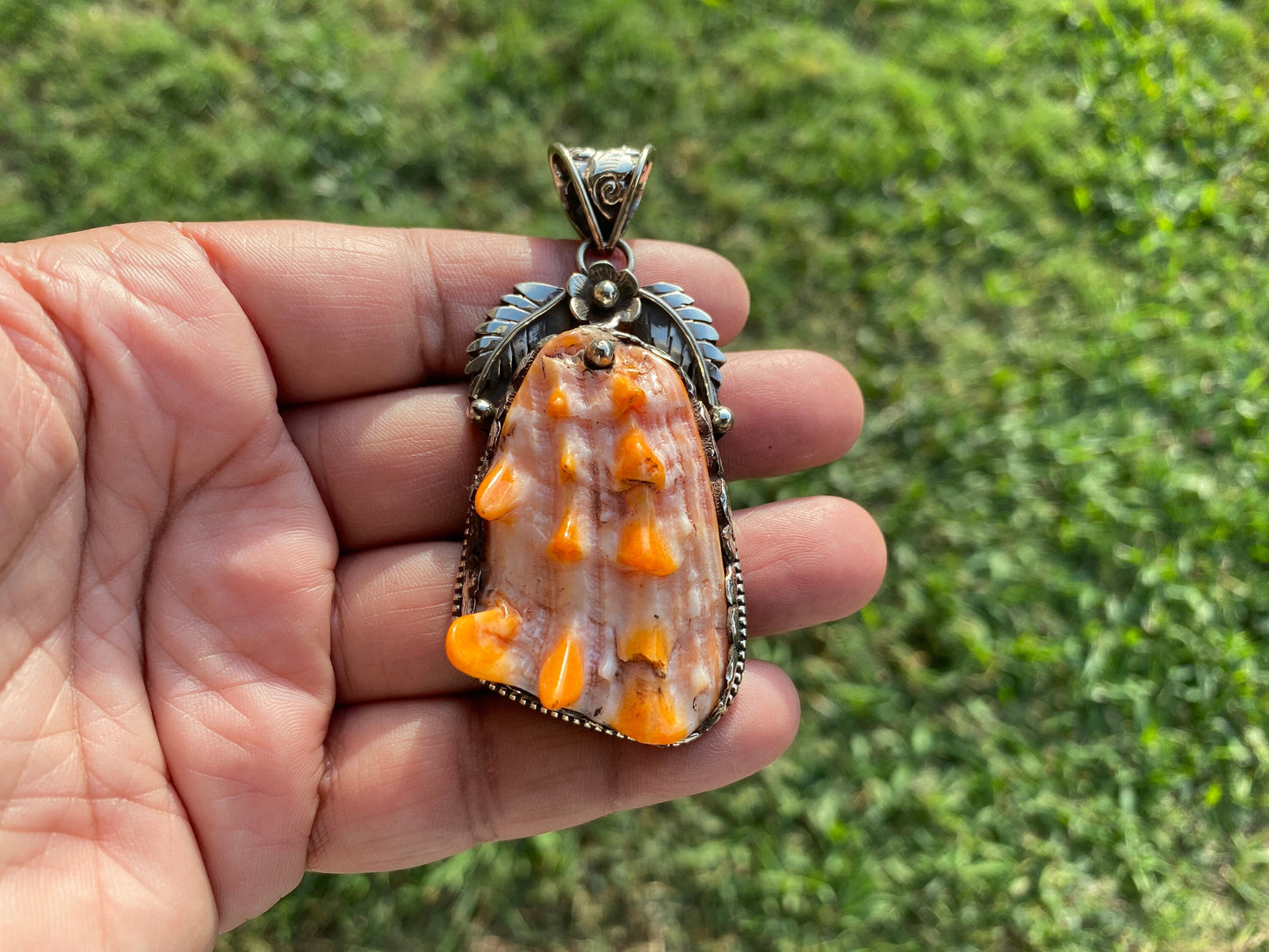 Large Orange Spiny Oyster Shell Tibetan Silver Pendant, Native American Style Jewelry, Southwestern Jewelry, for Men or Women, Spiky Thorny