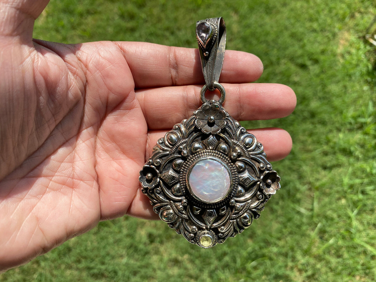Large Pearl Tibetan Silver Pendant, Freshwater Pearl, Jewelry from Nepal, Hand Carved Pendant, Hill Tribe Jewelry, Pendant for Necklace