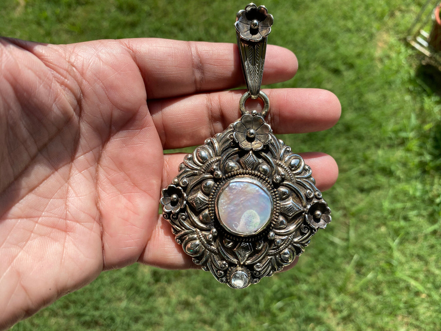 Large Pearl Tibetan Silver Pendant, Freshwater Pearl, Jewelry from Nepal, Hand Carved Pendant, Hill Tribe Jewelry, Pendant for Necklace