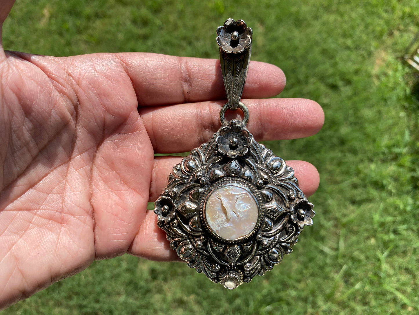 Large Pearl Tibetan Silver Pendant, Freshwater Pearl, Jewelry from Nepal, Hand Carved Pendant, Hill Tribe Jewelry, Pendant for Necklace