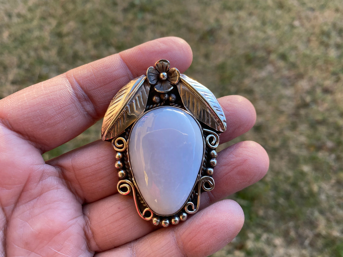 Large Peruvian Natural Opal Tibetan Silver Pendant, October Birthstone, Blue Opal Jewelry, Meditation Stone Jewellry, Healing Stone