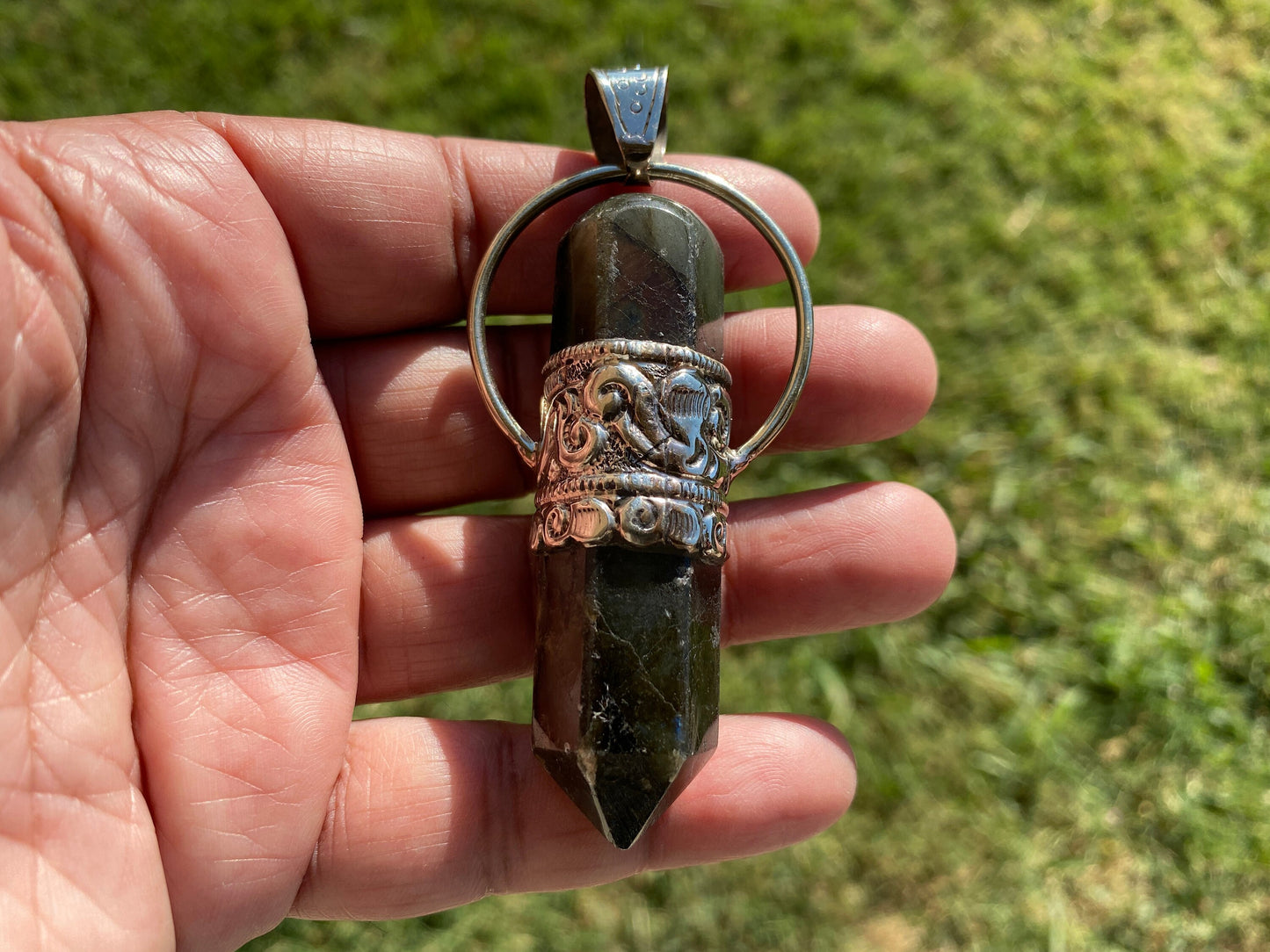 Large Point Labradorite Natural Stone Tibetan Silver Pendant, Unique Jewelry, Healing Crystal, Spiritual Protection Healing Calming Jewelry
