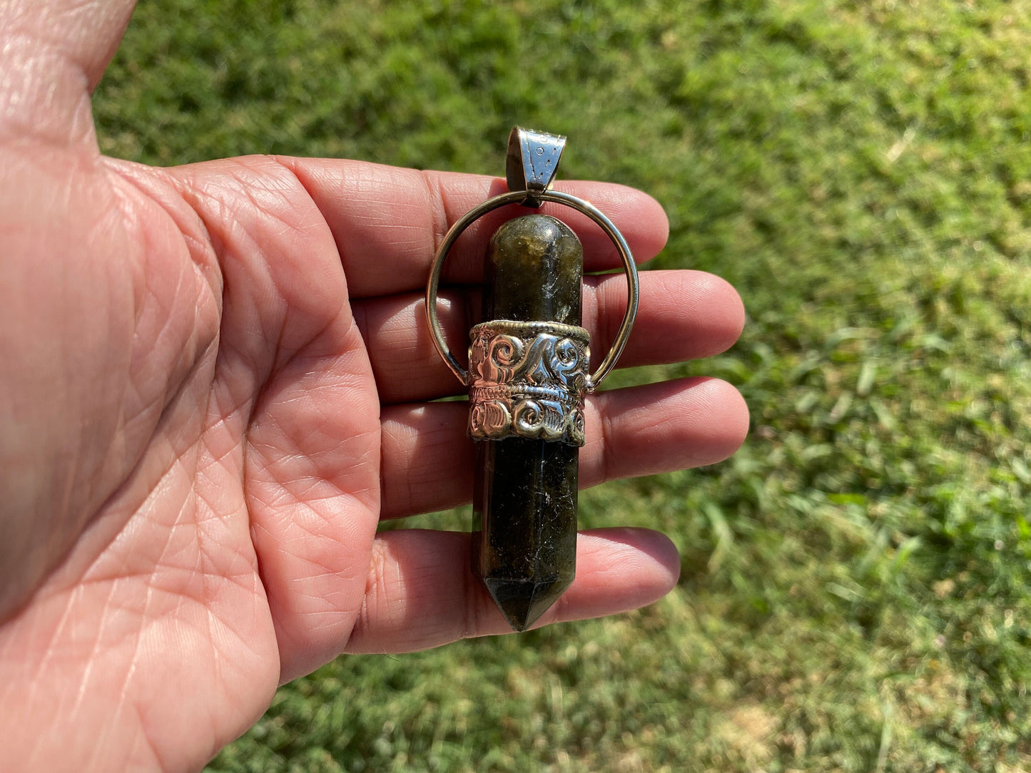 Large Point Labradorite Natural Stone Tibetan Silver Pendant, Unique Jewelry, Healing Crystal, Spiritual Protection Healing Calming Jewelry