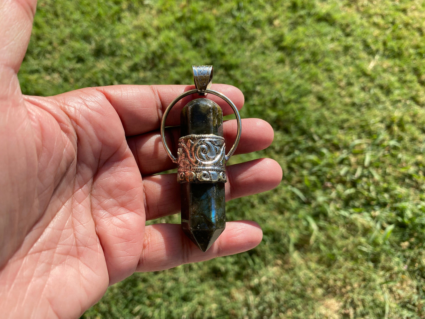 Large Point Labradorite Natural Stone Tibetan Silver Pendant, Unique Jewelry, Healing Crystal, Spiritual Protection Healing Calming Jewelry
